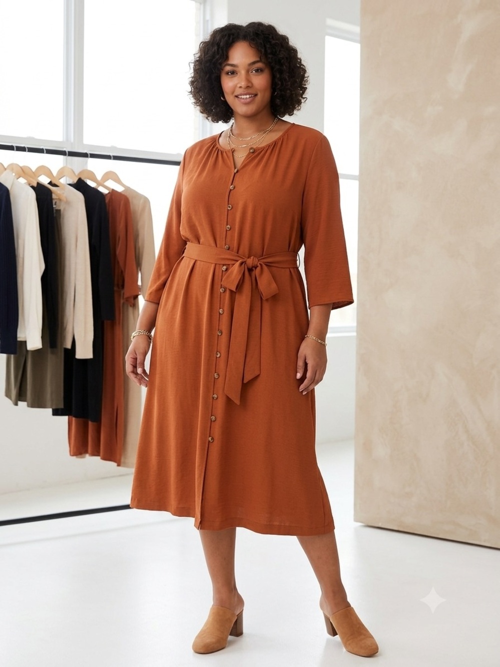 Nlt Rust Button-Front Belted Midi‎ Dress - Women